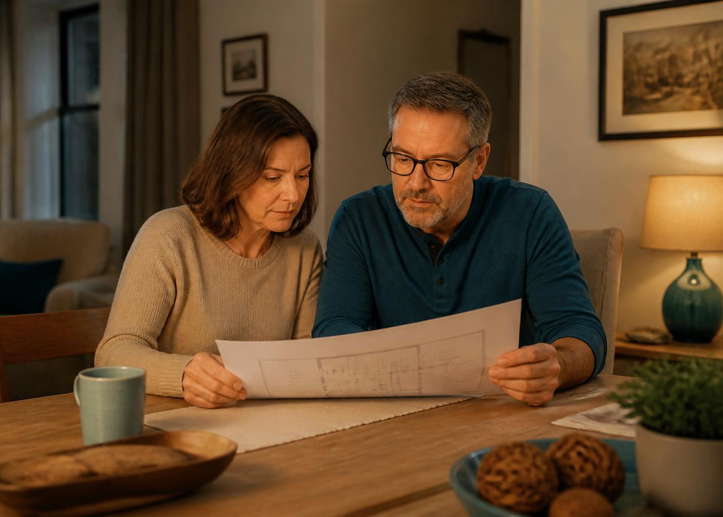 A couple reviewing their household emergency plan at the dining table